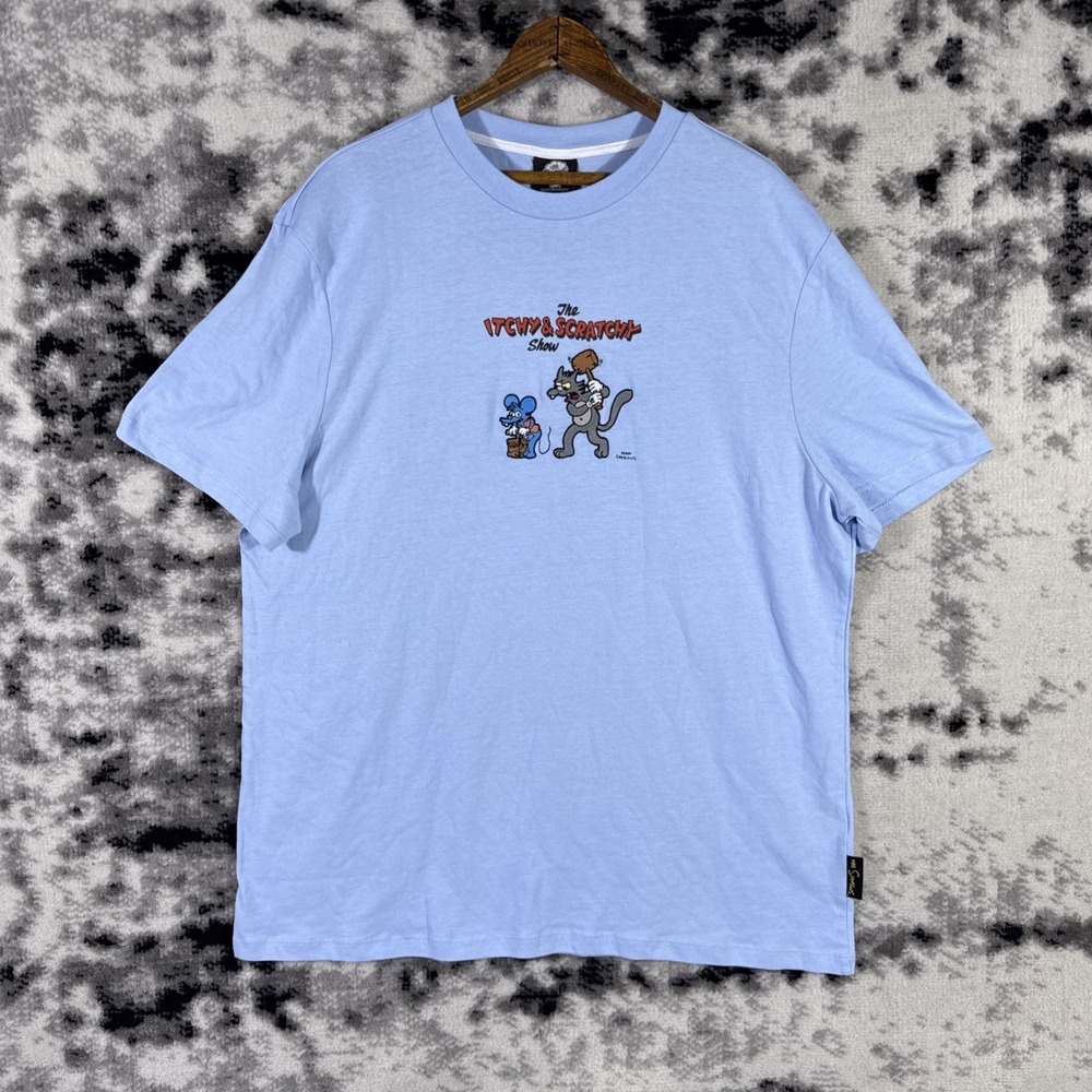 Simpsons Itchy & Scratchy Shirt Adult Large Baby Blue Embroidered Short‎ Sleeve